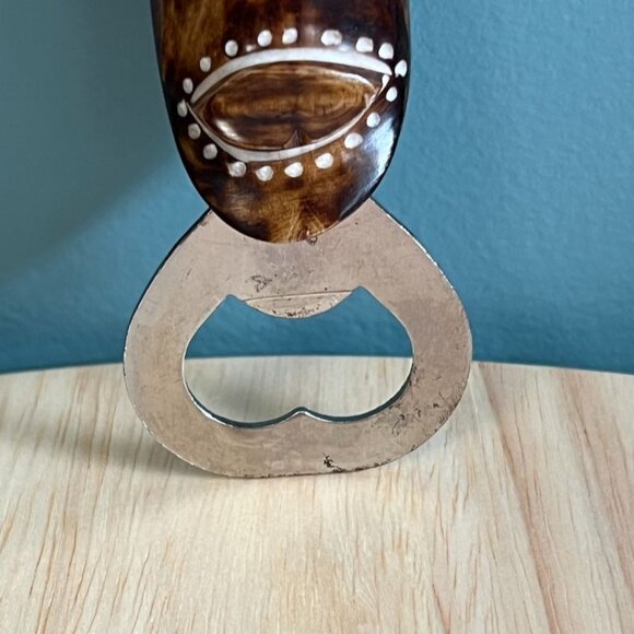 Vintage Carved Tribal Mask Face Bottle Opener Natural Handle & Metal Cap Remover - Picture 2 of 13